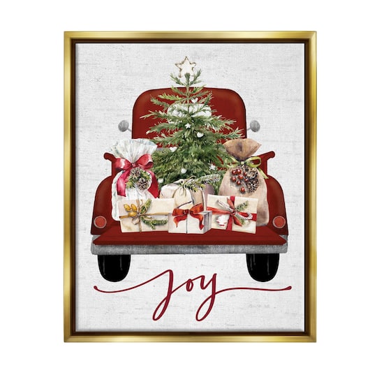 Stupell Industries Joy Holiday Red Gift Truck Framed Floater Canvas Wall Art
